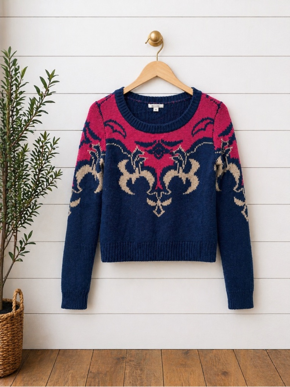 💕💙 Miami Pattern Knit Sweater Medium | Blue Pink Graphic Boho Cozy Pullover